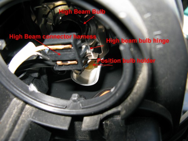 The high beam and position bulbs are installed. You must remove the high beam bulb to access the position bulb.